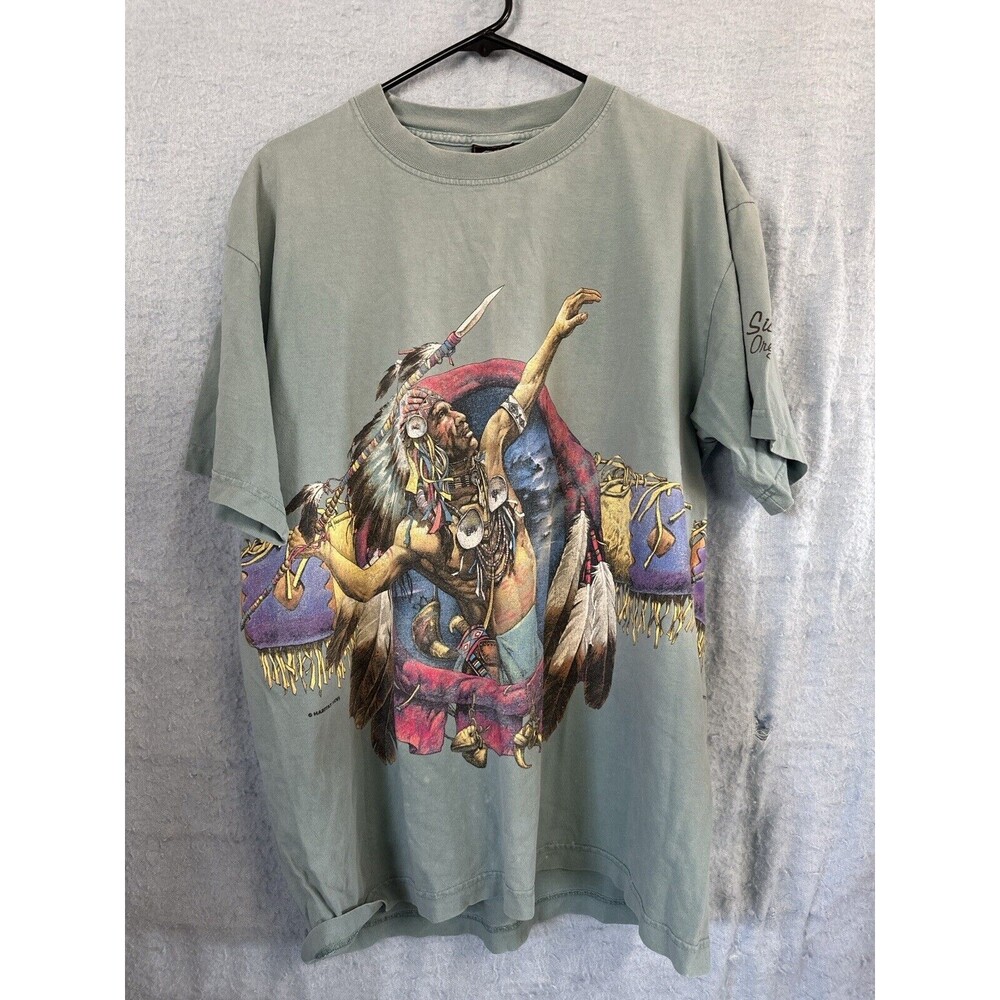 Vintage Rare Habitat Mens XL Native American Blue Cotton T-Shirt 90s Unique